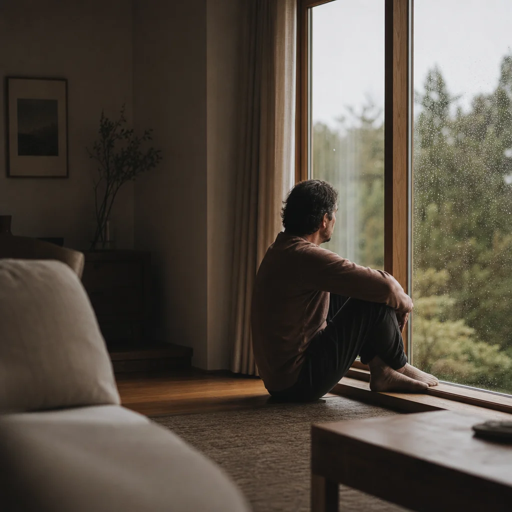 Withdrawn partner feeling neglected and ignored looking out window alone