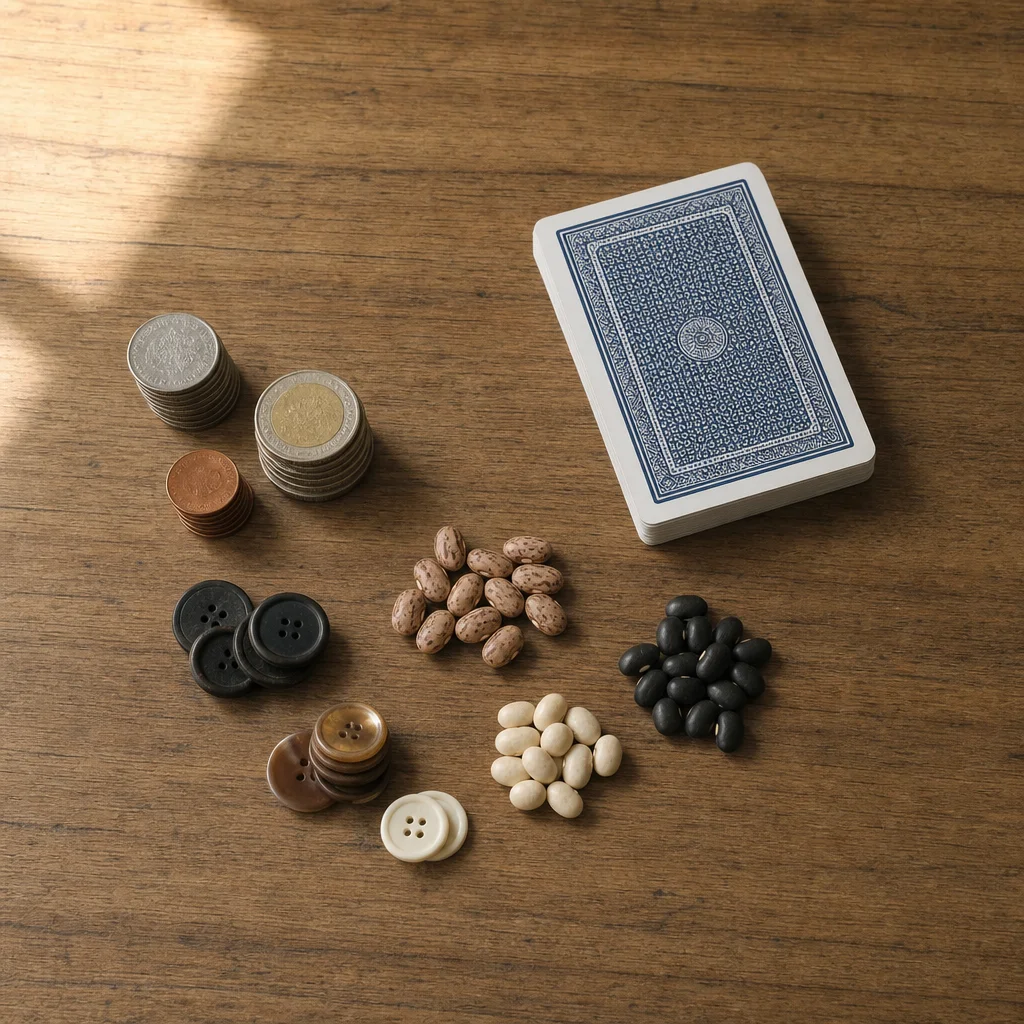 Household items like coins and buttons used as poker chip substitutes