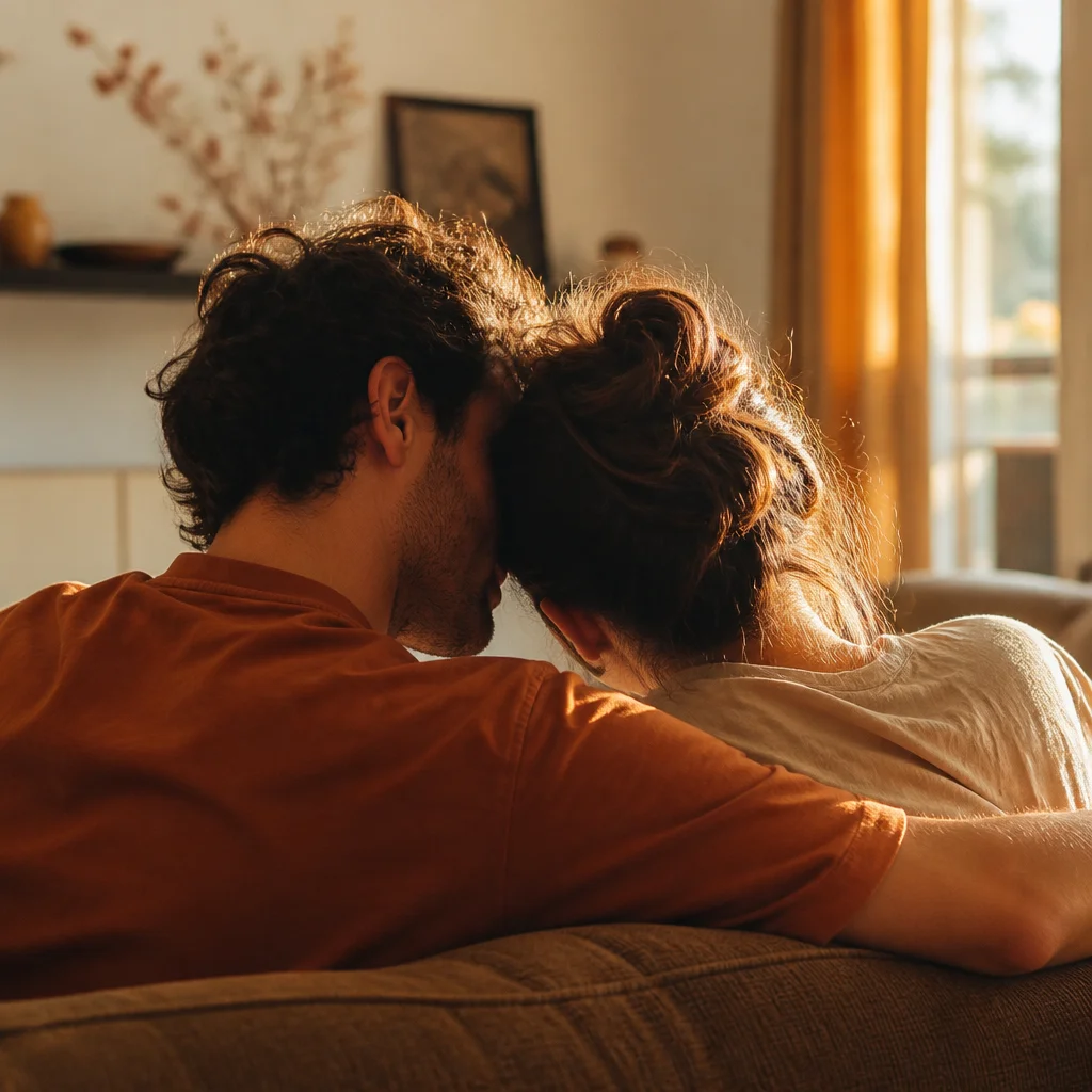 Couple sitting close together rebuilding physical intimacy after distance