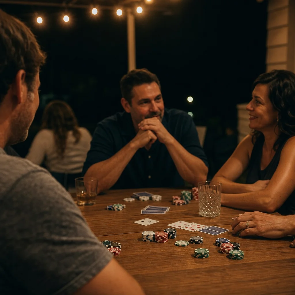 Friends gathered around a table discussing card game house rules