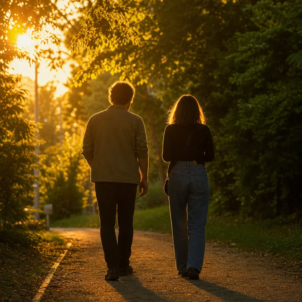 Couple sharing a quiet moment outdoors, physical closeness and connection