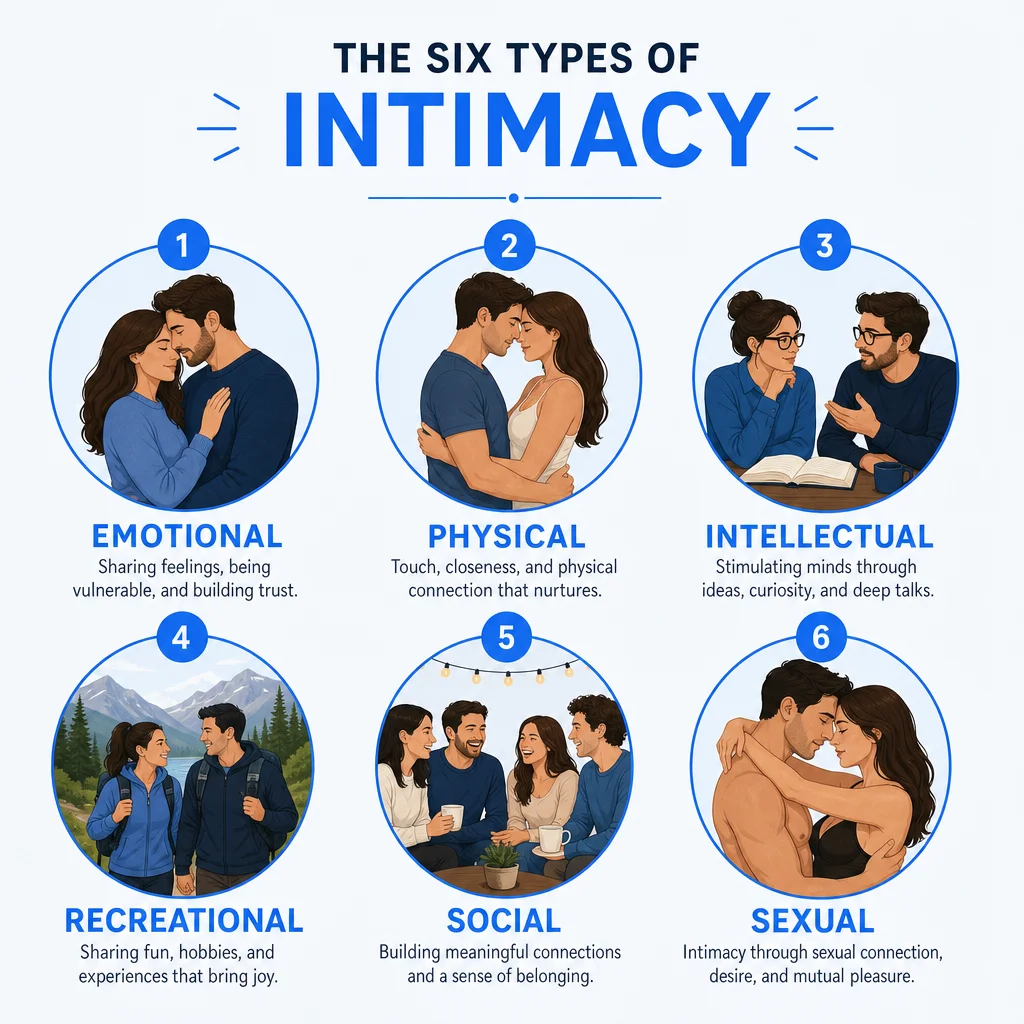 Infographic of the six types of intimacy in a relationship: emotional, physical, intellectual, recreational, social, sexual