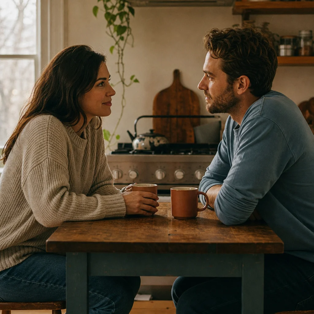 Couple having an intentional face-to-face conversation at a kitchen table without phones
