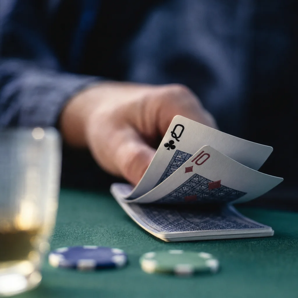 dealer hand sliding two hole cards across felt during a texas holdem deal