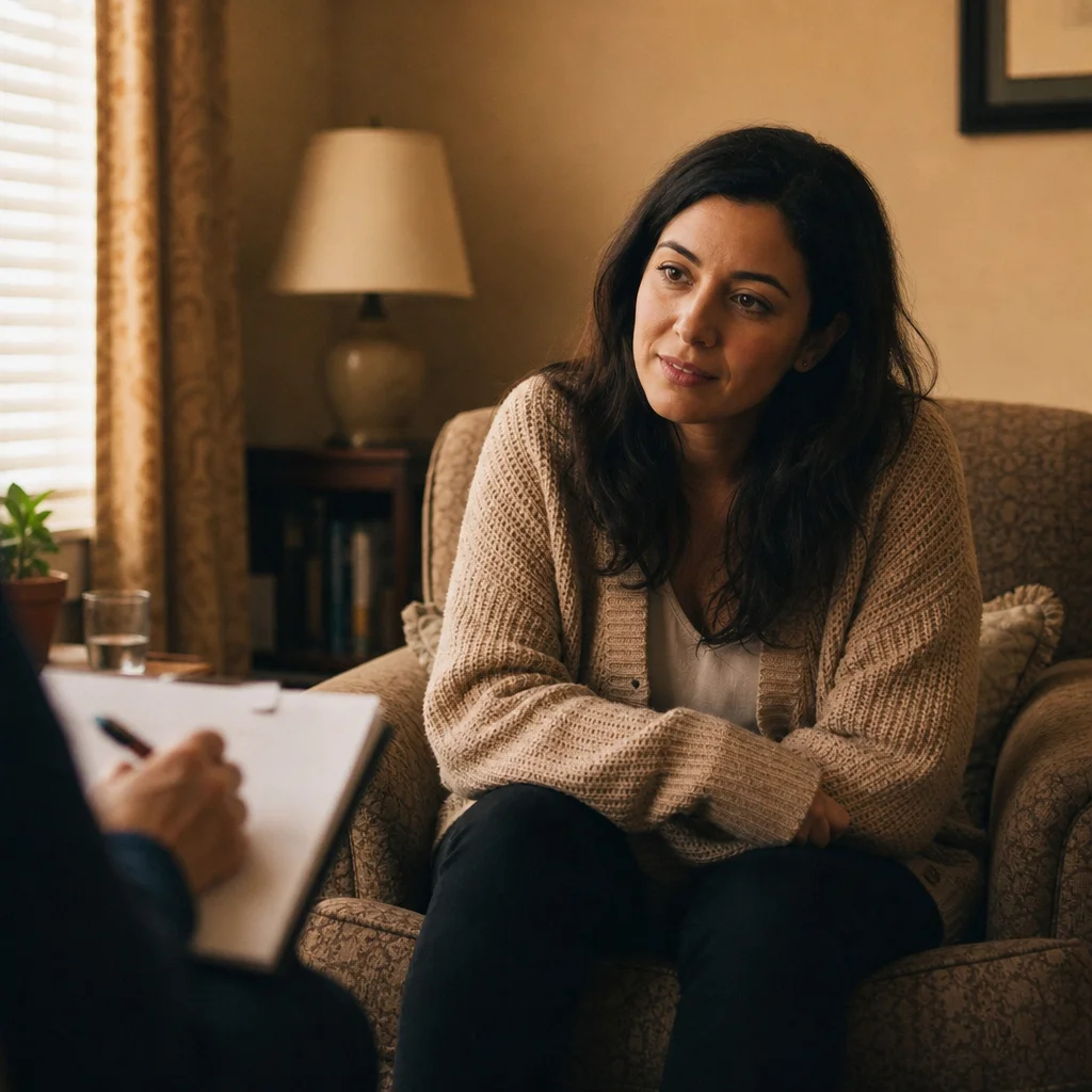 Woman in therapy session working through emotional intimacy barriers with counselor
