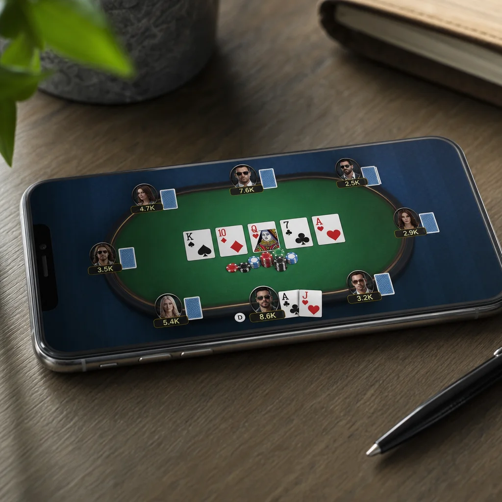 Mobile phone running a poker club app at a table, illustrating fun poker variants on the go