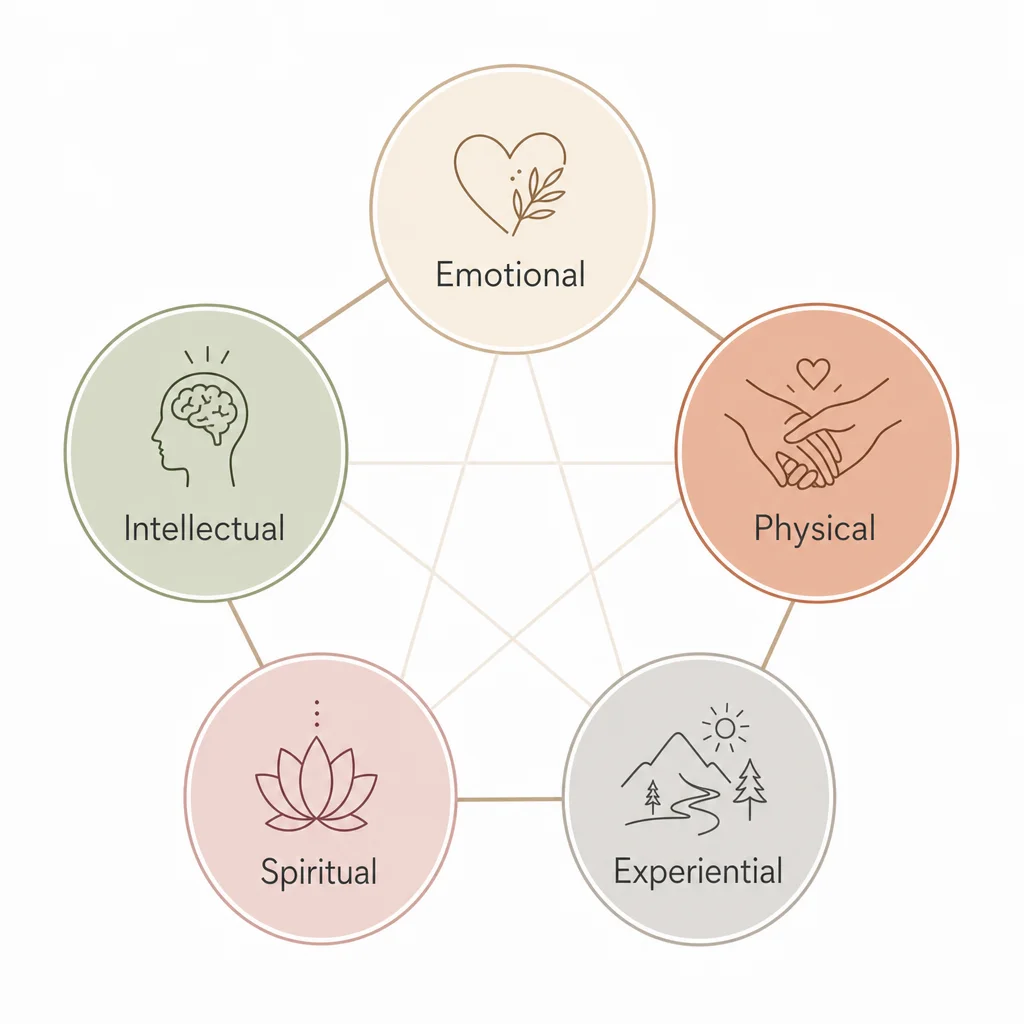 Five dimensions of intimacy diagram showing emotional physical intellectual spiritual and experiential connection