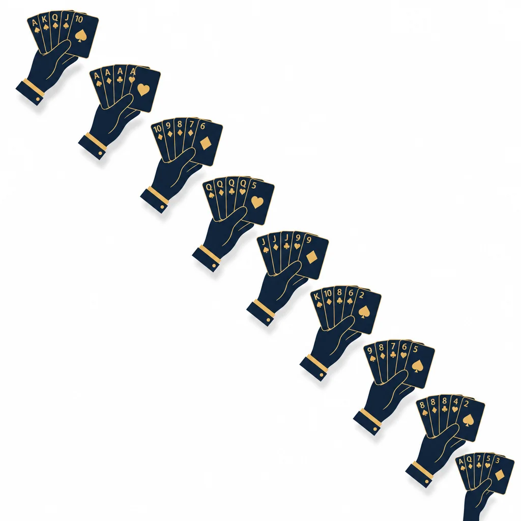 Nine poker hand categories arranged from rarest to most common