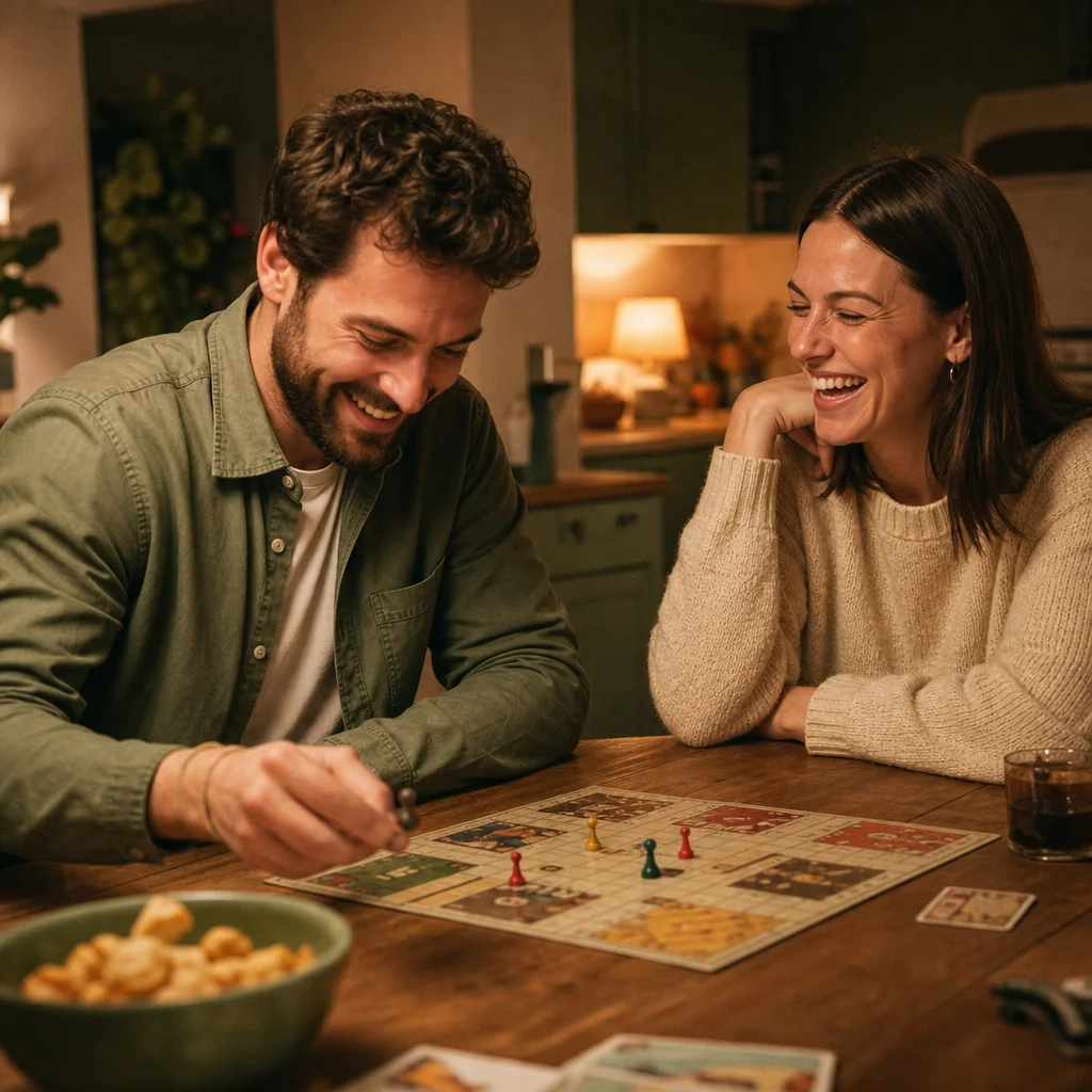 Two partners laughing together during a shared activity at home