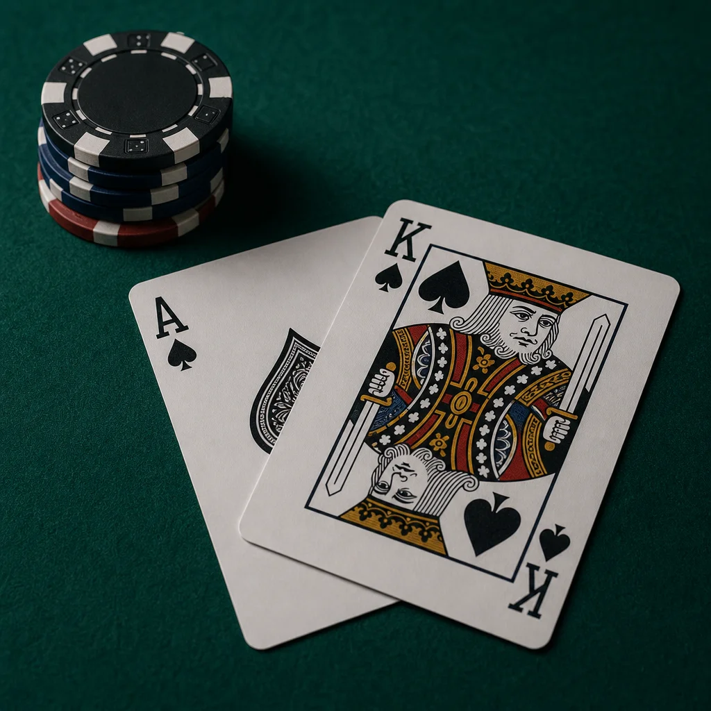 Semi bluff poker draw represented by suited cards fanned near chips