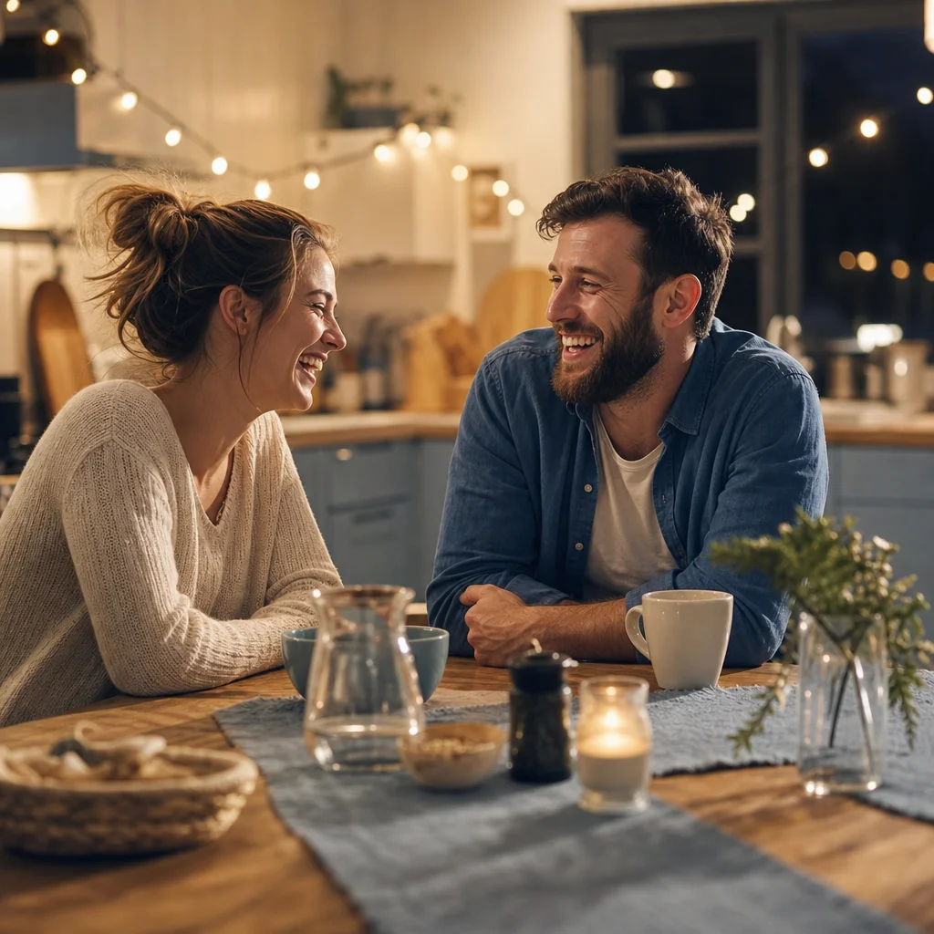 Couple laughing together during a playful evening at home