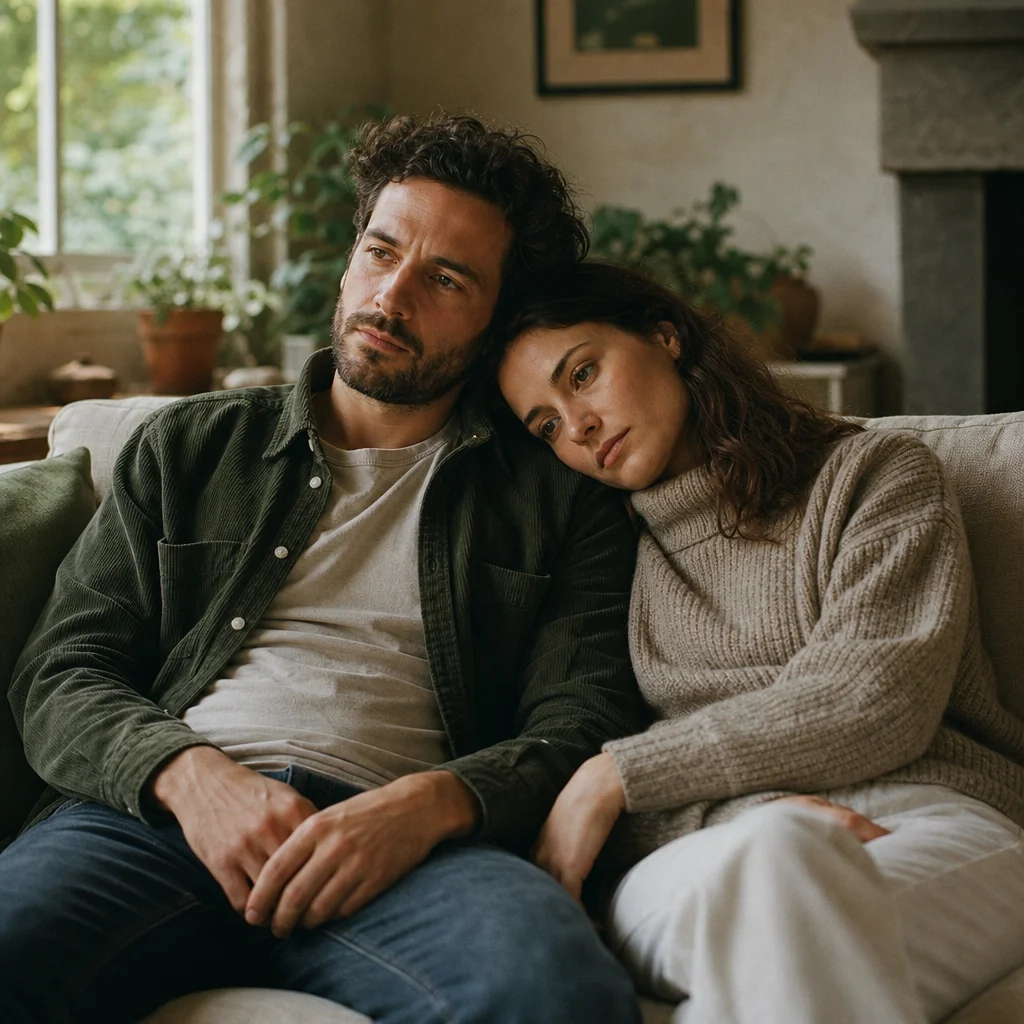 couple sitting close on couch looking thoughtful while reading together