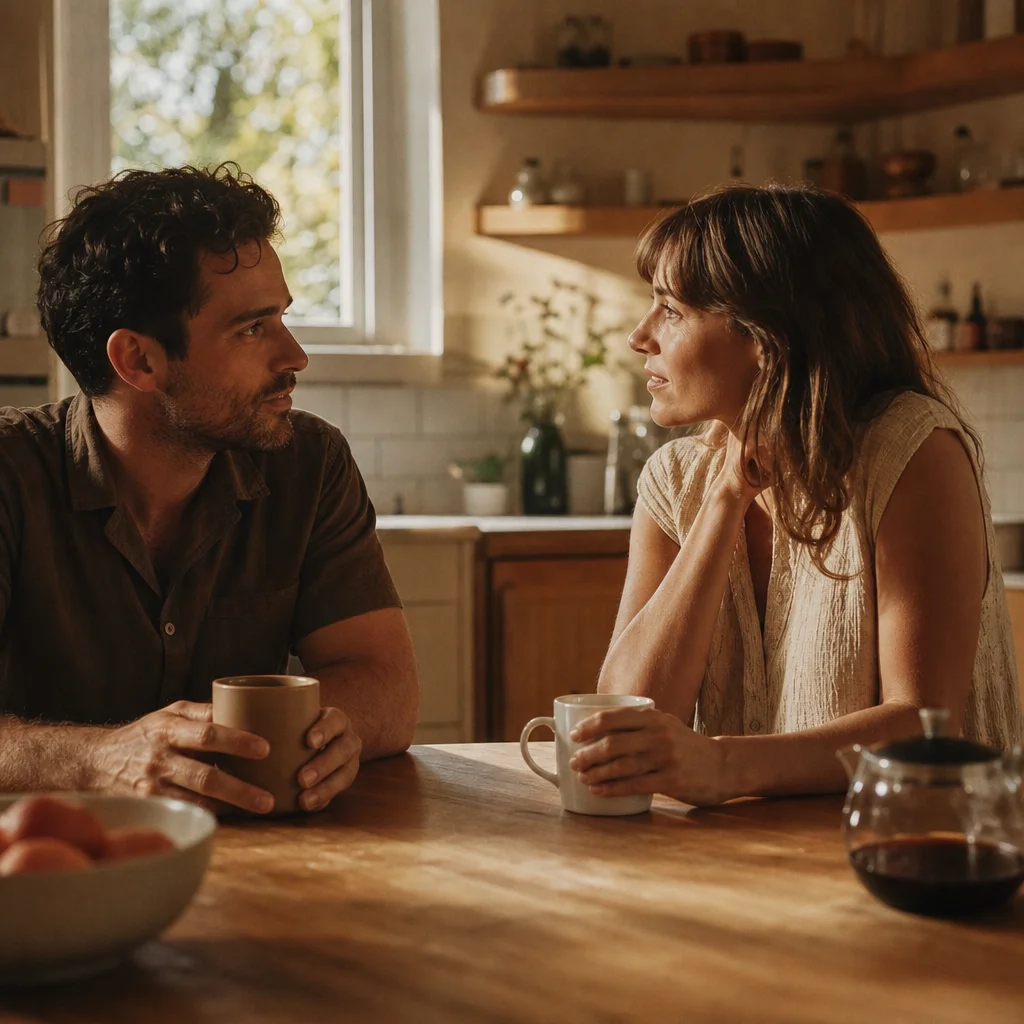Couple discussing differences in conflict styles calmly at home