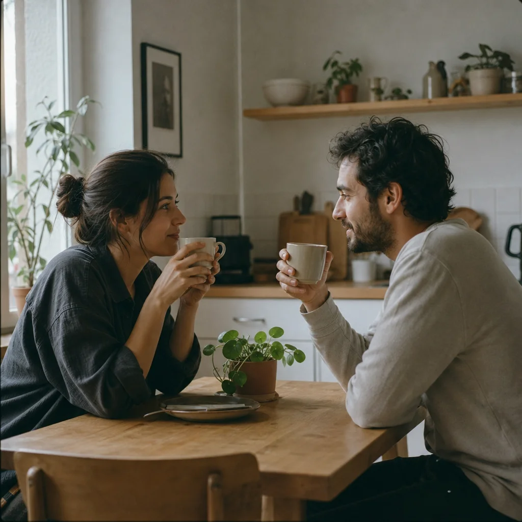 Couple in a low-pressure conversation over morning coffee at home