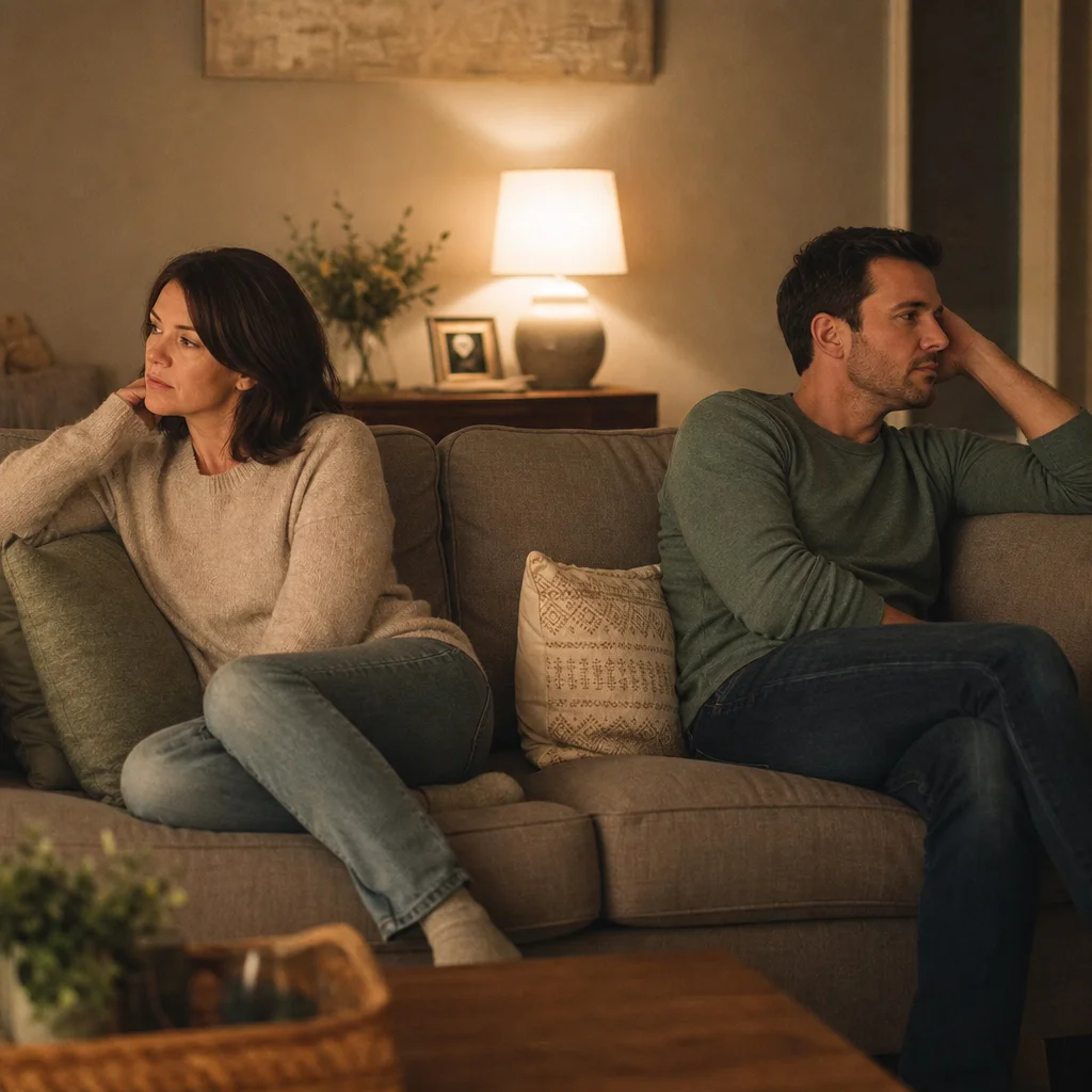 Couple experiencing emotional distance in a sexless marriage, sitting apart on couch