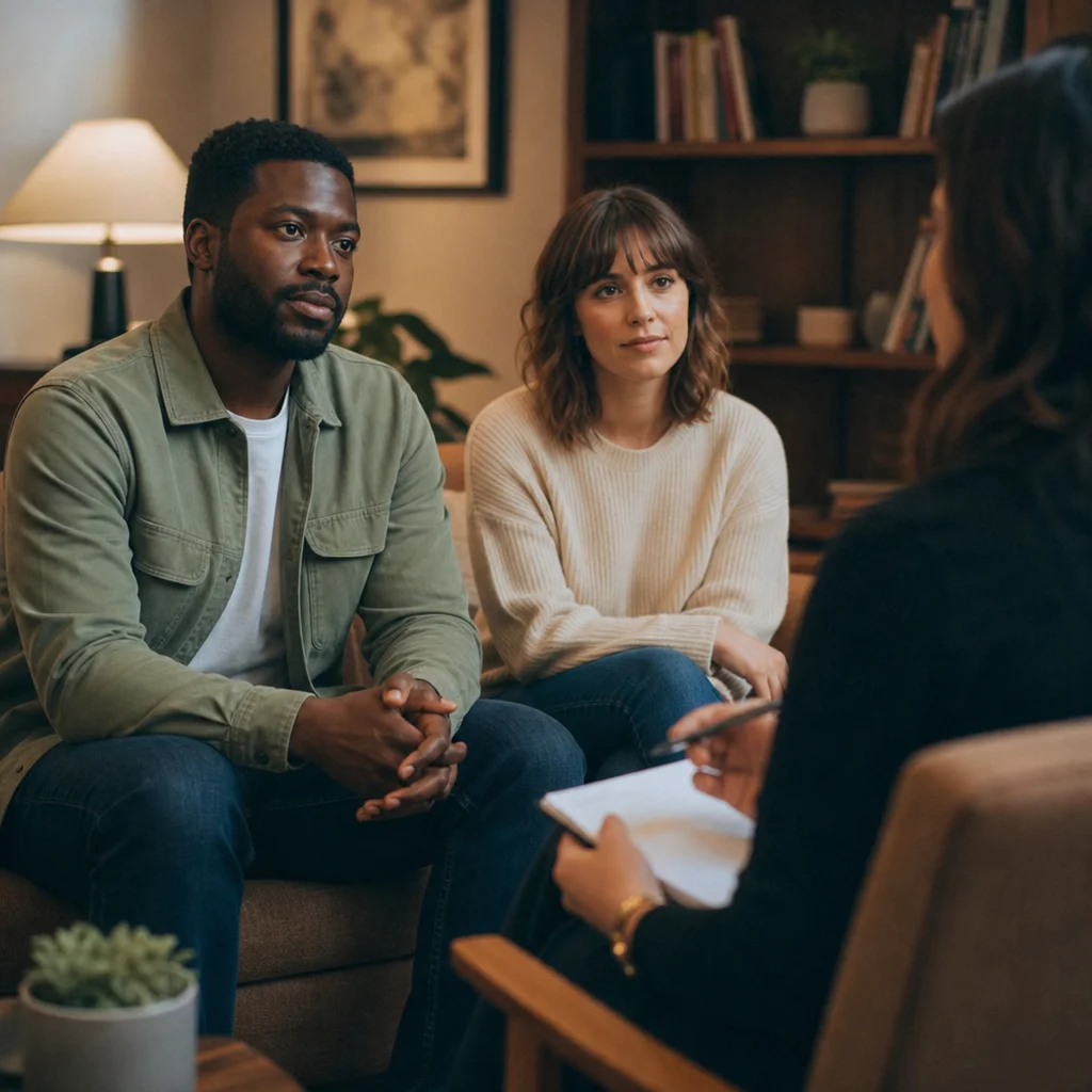 couple in calm conversation with a relationship counselor in a warm office