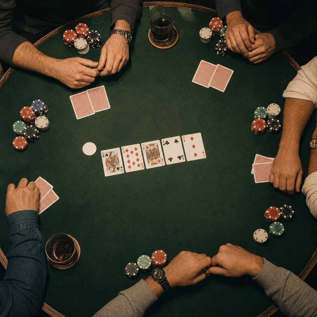 Poker table viewed from above showing seats and dealer button position