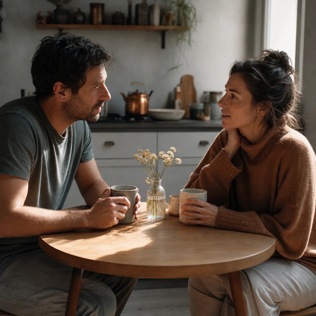 Couple practicing daily emotional intimacy ritual with morning coffee and conversation