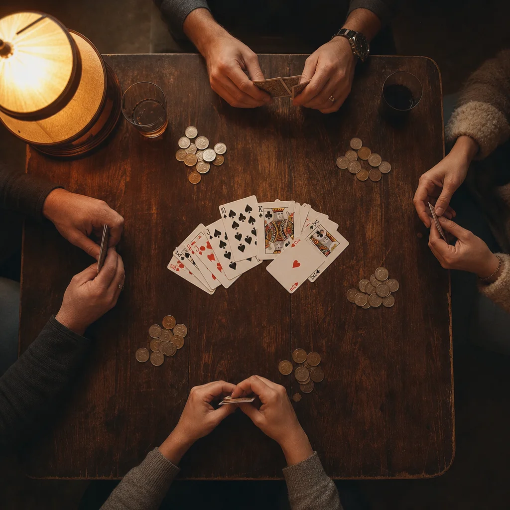 Four friends playing poker with friends at a small home table