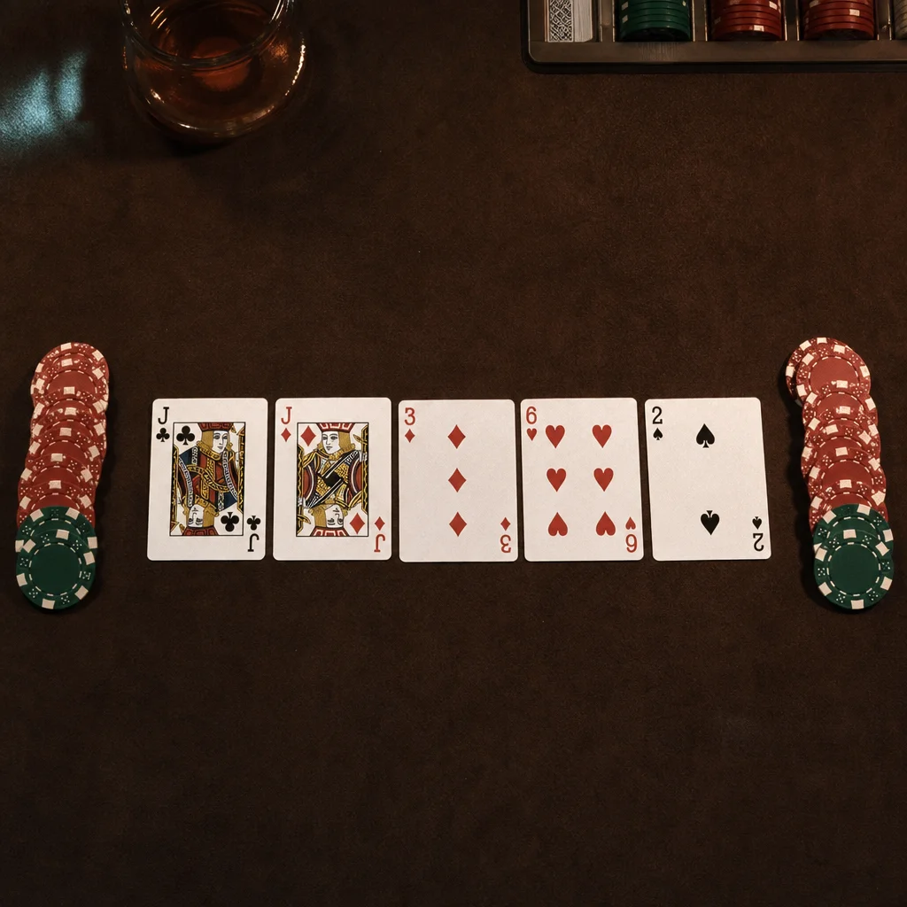 Community poker board split into high and low hand halves for Omaha hi-lo