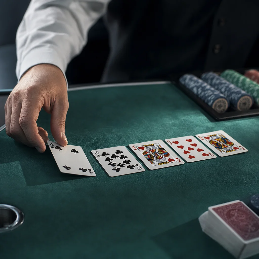 Stud poker dealer laying out fourth street up cards on felt table