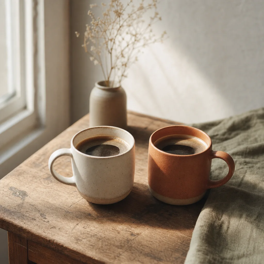 Two coffee mugs on a wooden table in warm morning light — cozy couple connection