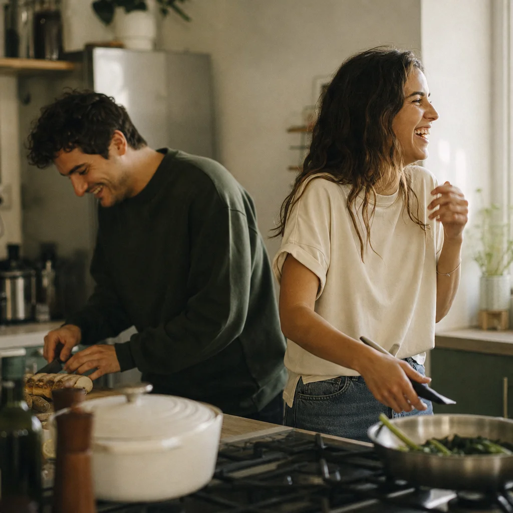 Couple laughing during a shared new activity to rekindle romance
