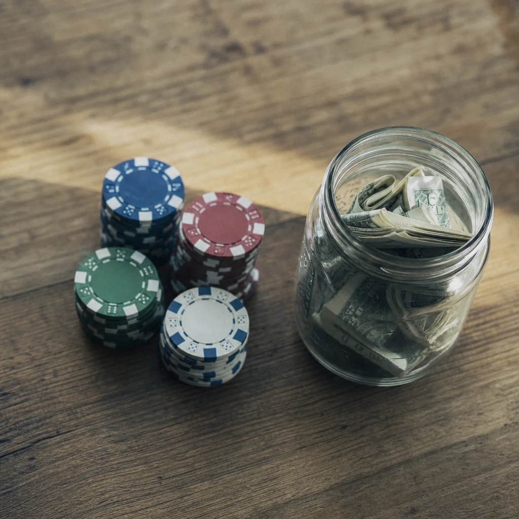 small stack of poker chips beside a jar of cash representing bankroll withdrawal habits