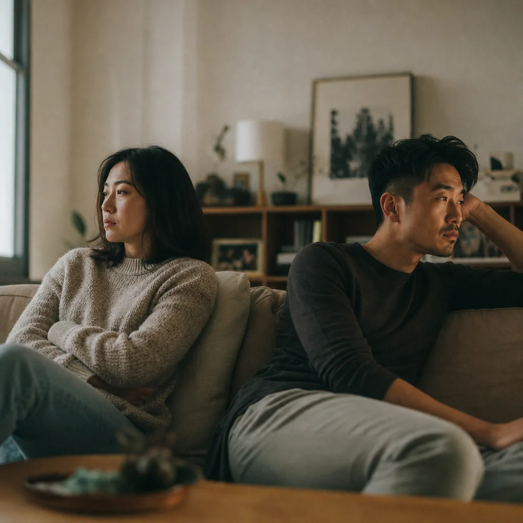 Couple experiencing intimacy issues, sitting apart on a couch with visible emotional distance
