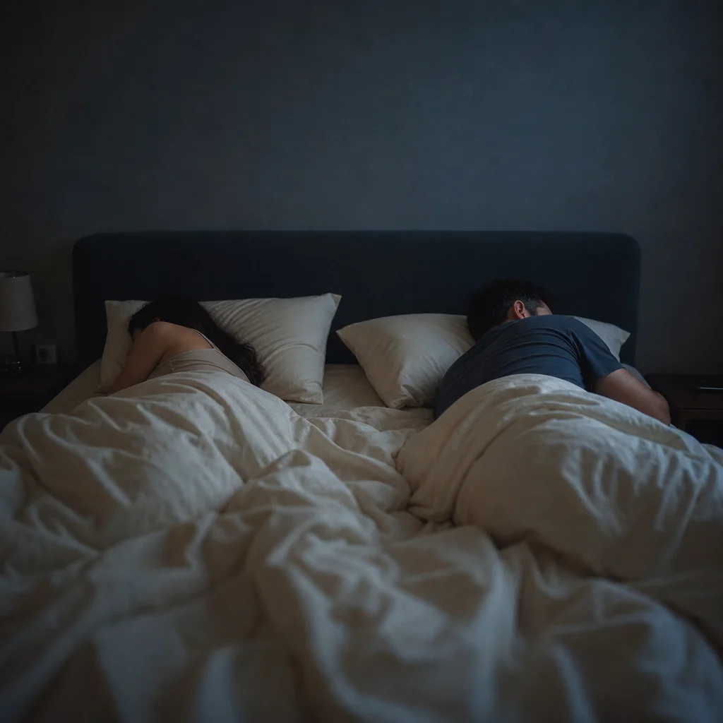 two partners facing away in bed representing emotional distance in marriage