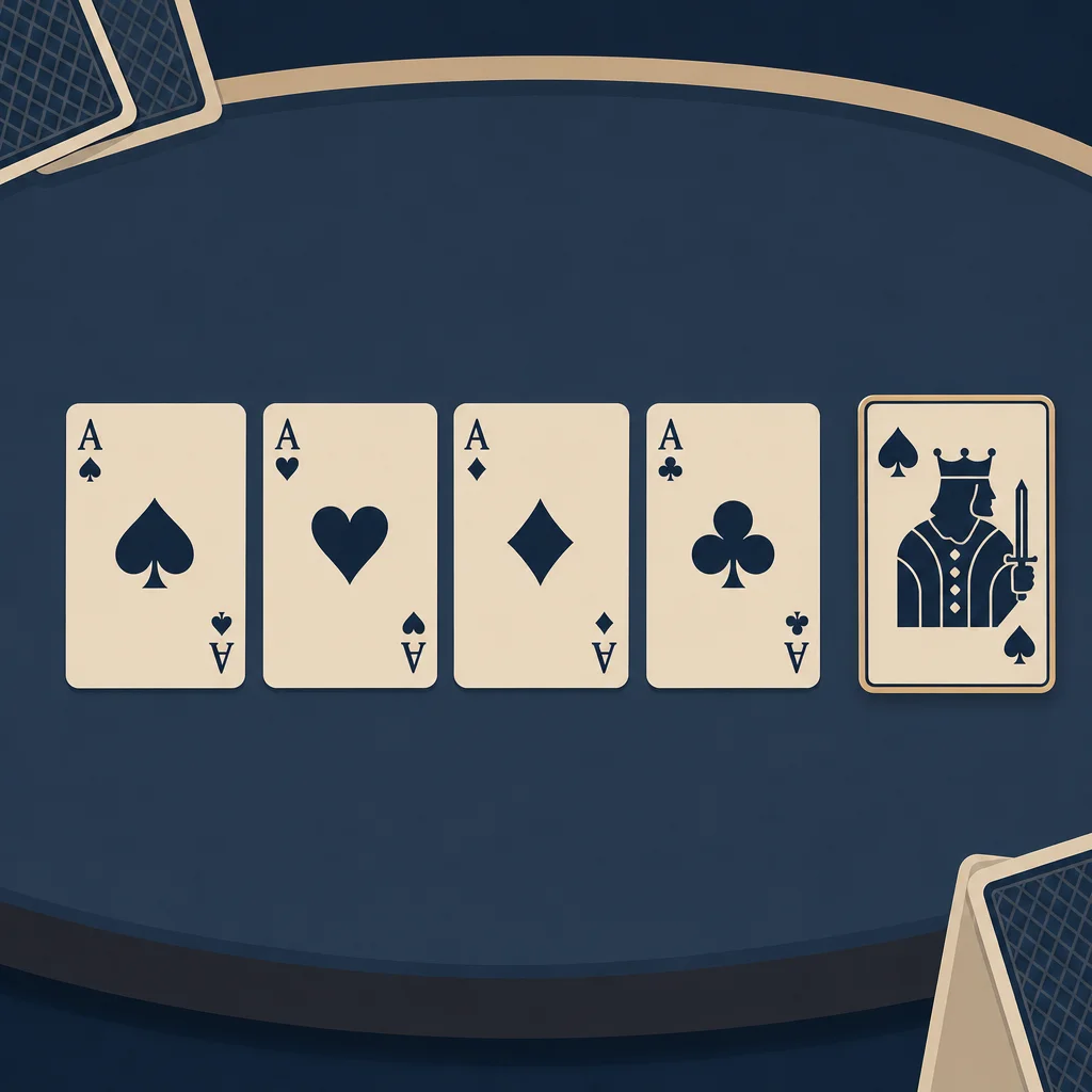 Diagram concept showing four community board cards forming poker hands ranking quads