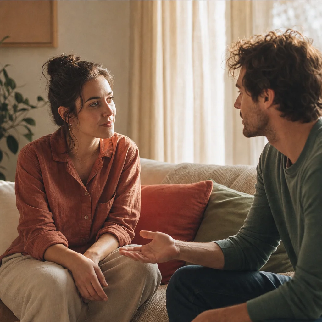 couple practicing a pause protocol with a soft start-up after a fight