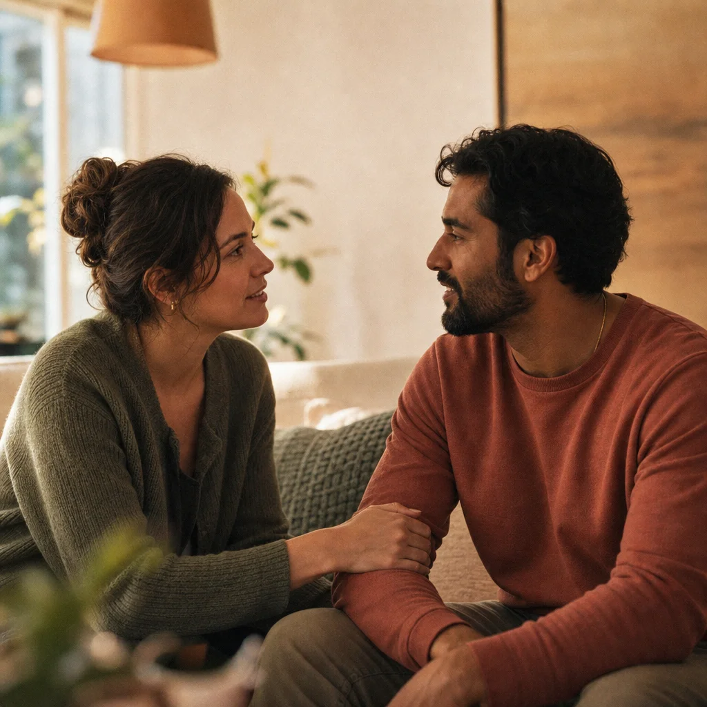 Couple reconnecting emotionally after a sexless marriage, sharing a warm conversation at home