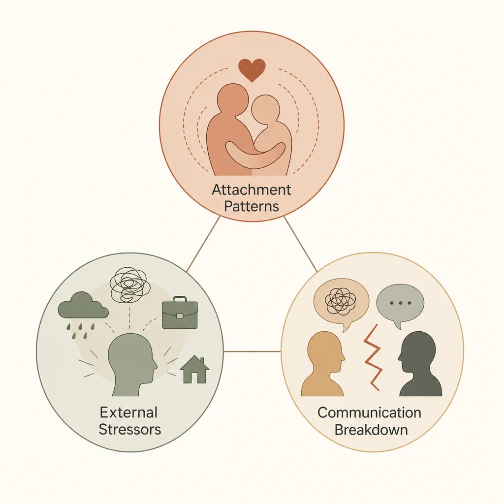 Diagram of three root causes of intimacy problems: attachment, external stress, and communication