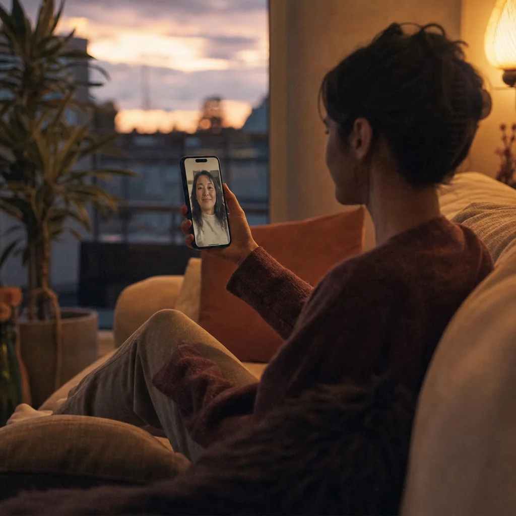 Two partners on a video call sharing a quiet evening ritual despite distance