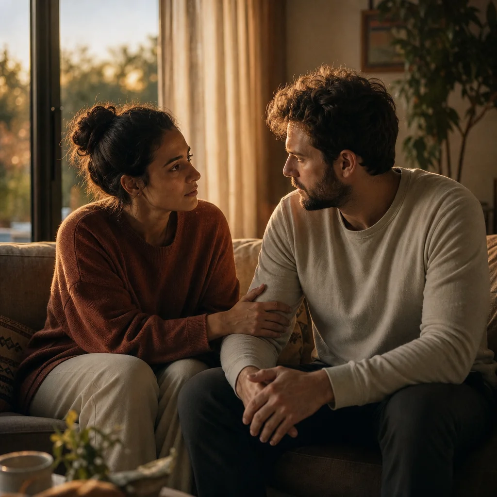 Couple reconnecting after conflict through an honest repair conversation