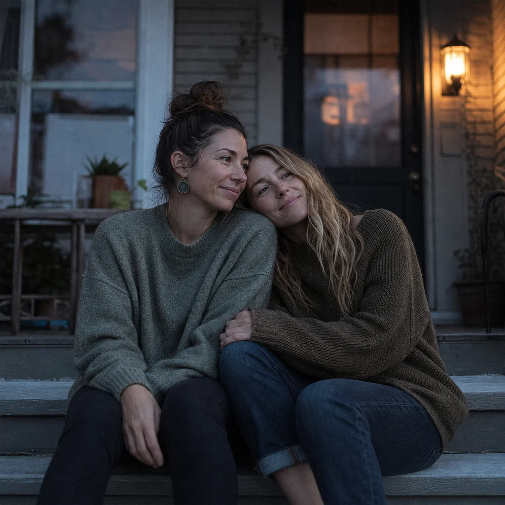 Two partners laughing together during a quiet moment of platonic intimacy