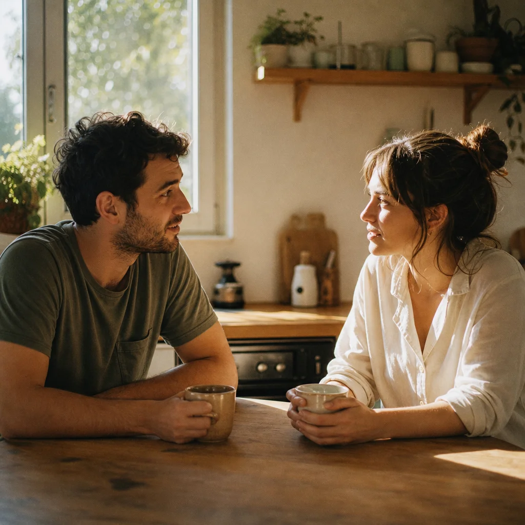 two partners having an open emotional conversation at a kitchen table