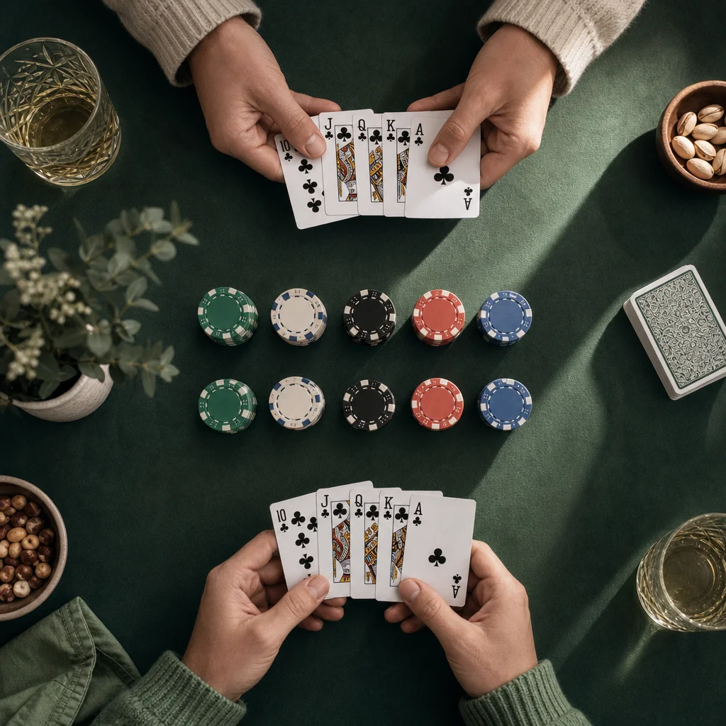 two hands split evenly showing a tied poker hands outcome