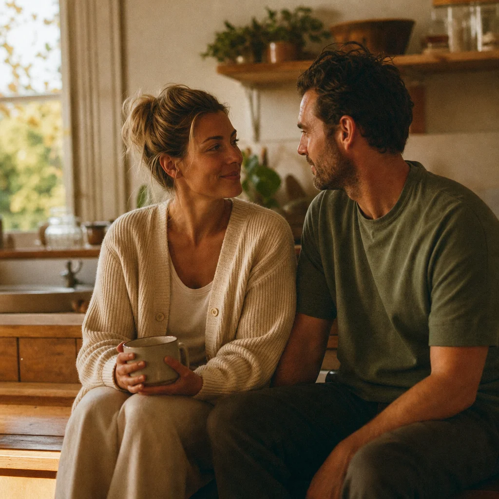 couple reconnecting with warmth during an evening at home together