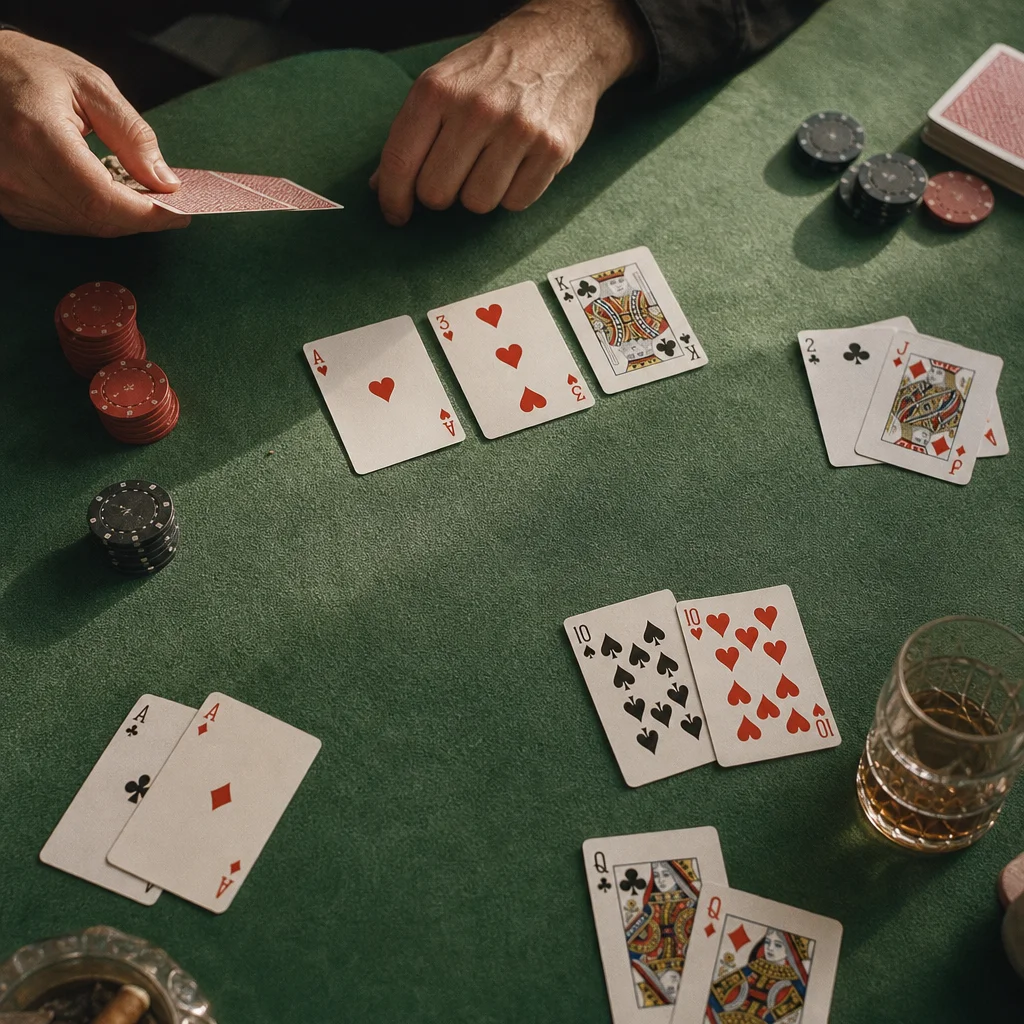 Different types of poker cards and chips laid out on a felt table