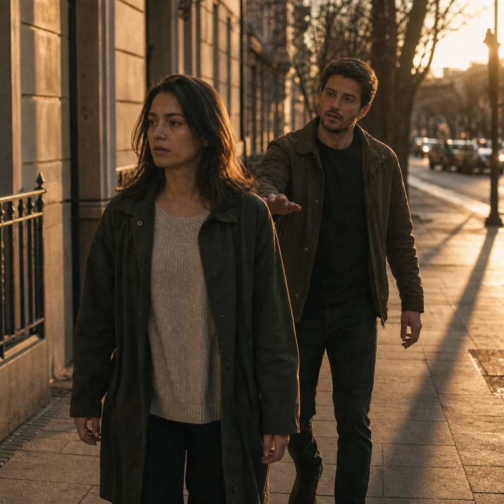 Pursuer-distancer dynamic shown through woman walking ahead while partner reaches toward her