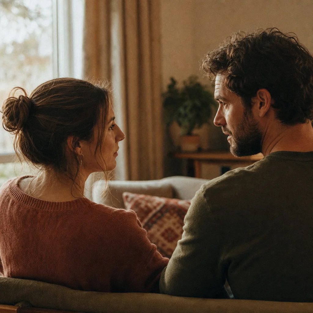Couple sitting together in warm living room light showing emotional closeness