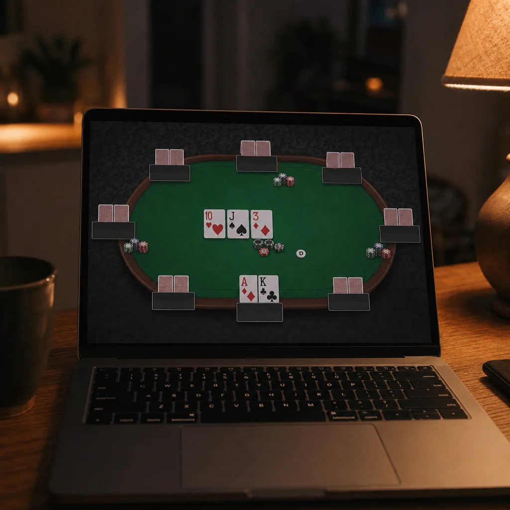 online poker bluffing session on a laptop screen at night
