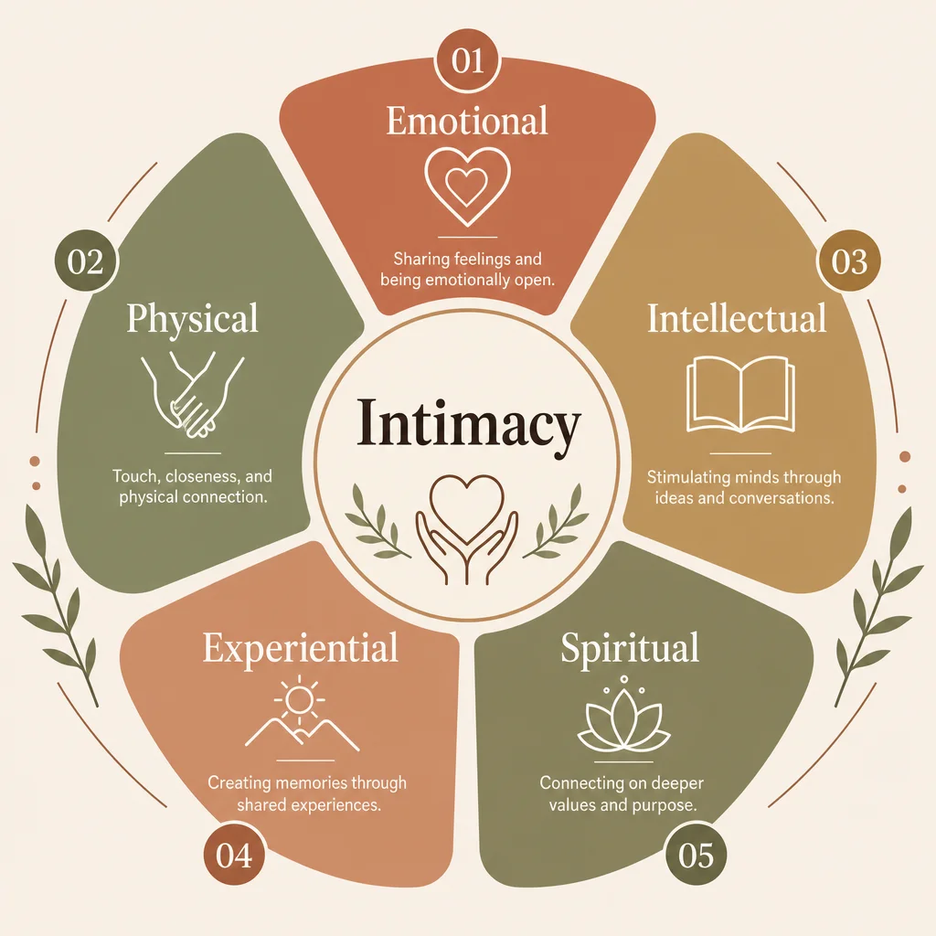 infographic visualizing the 5 types of intimacy — emotional, physical, intellectual, experiential, and spiritual