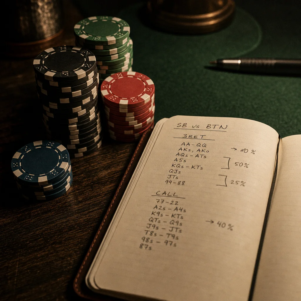 Stack of poker chips beside a notebook showing 3-bet range notes