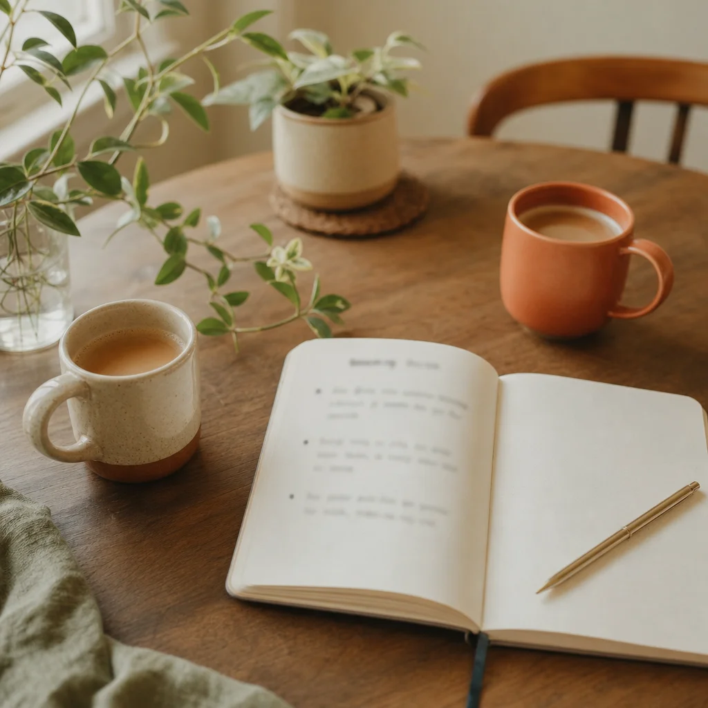 Weekly couples check-in habit for rebuilding intimacy, two mugs and a notebook on a kitchen table