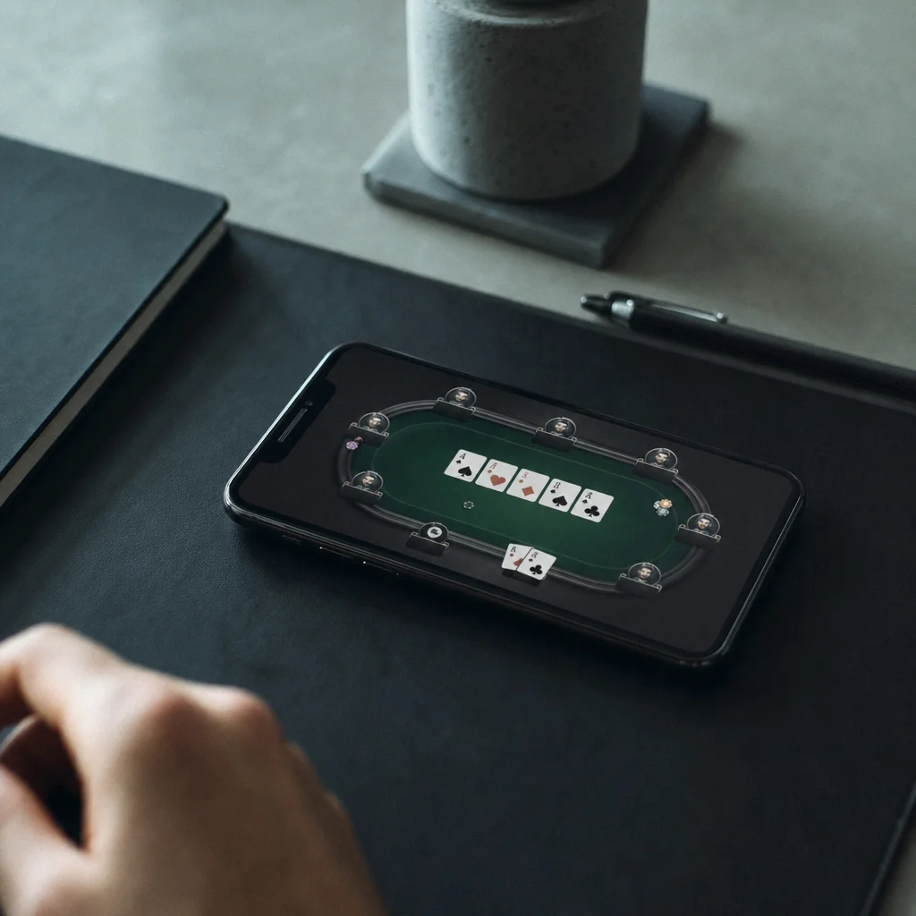 Phone screen with poker club app open next to a settings menu, illustrating room policy checks