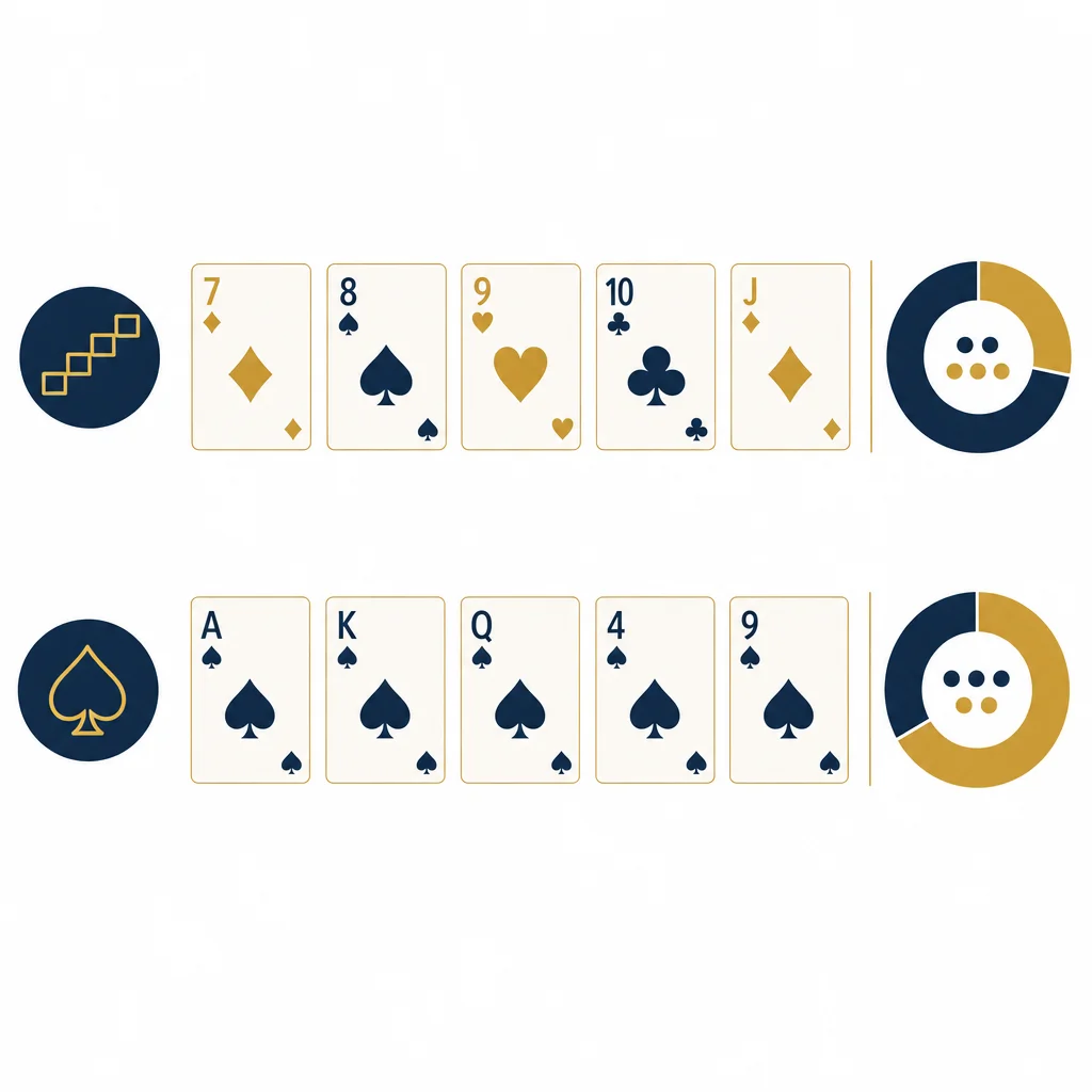 Poker draw probability concept illustration with straight and flush cards