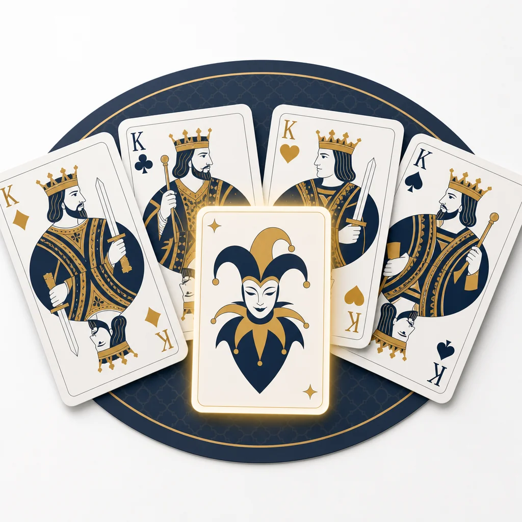 five-of-a-kind hand with a joker wild card among four matching kings